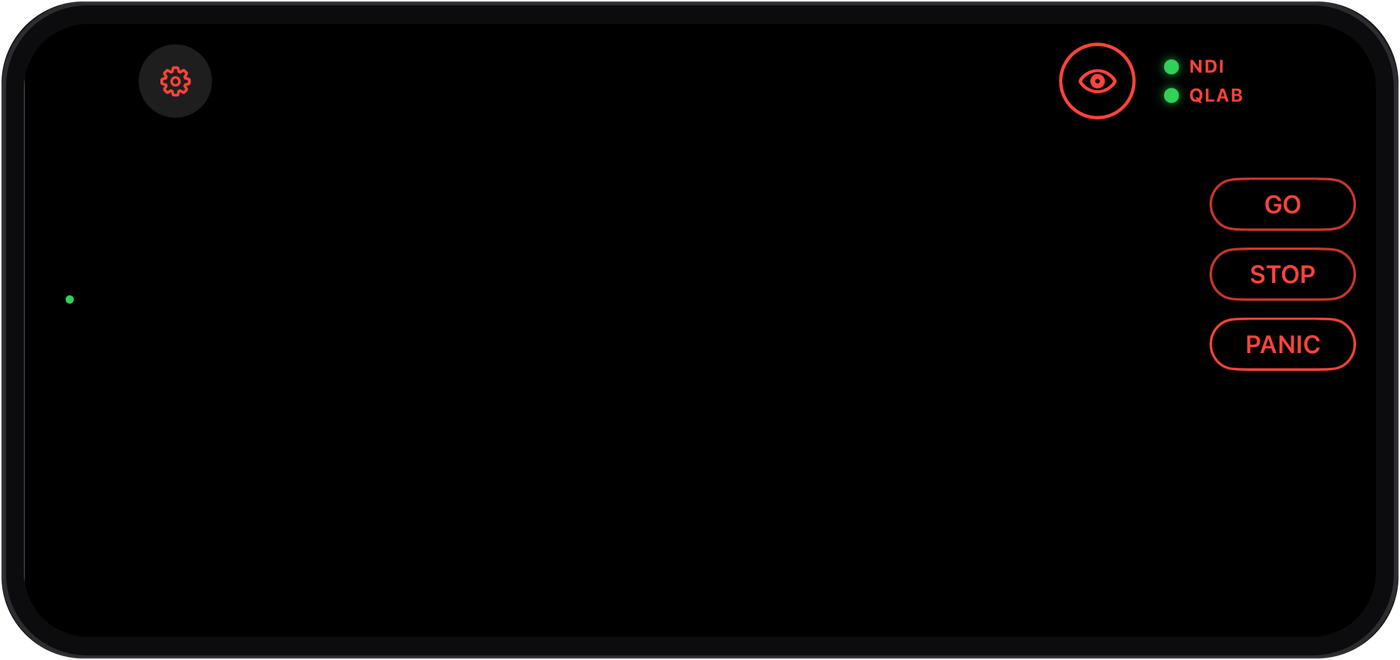 Qapture in blackout mode with dim red GO, STOP and PANIC controls