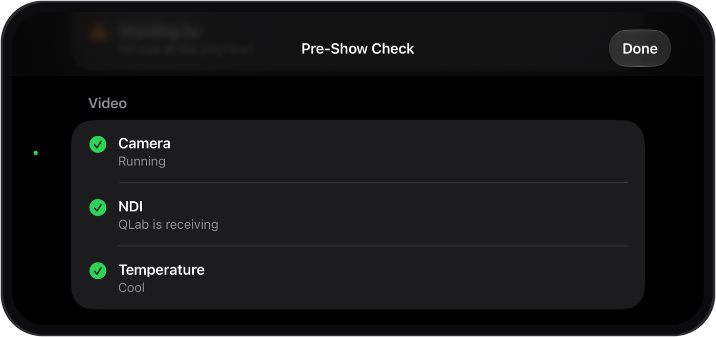 Qapture pre-show check showing camera running, QLab receiving NDI and temperature cool