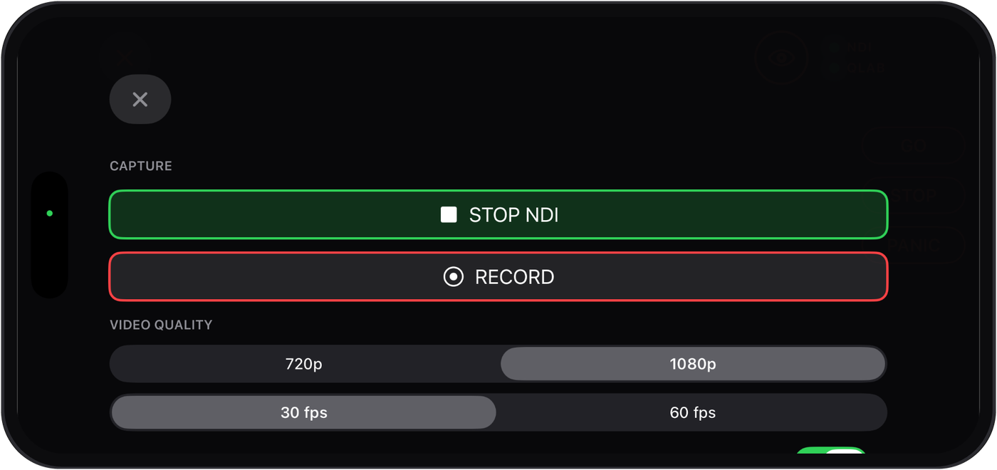 Qapture capture panel with STOP NDI, RECORD and video quality options