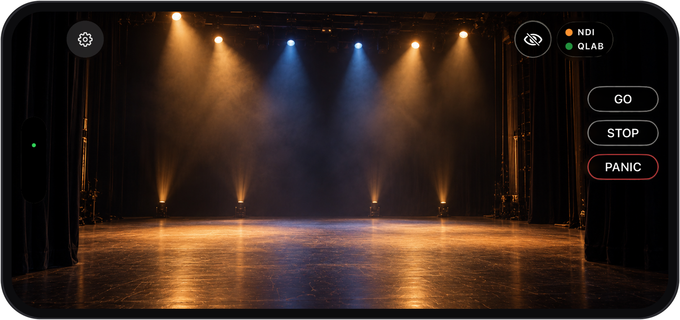 Qapture camera view of a lit theatre stage with GO, STOP and PANIC controls and NDI and QLab status